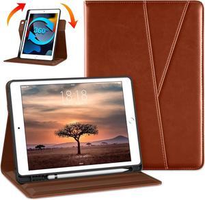 Rotating Case for iPad 9th/8th/7th Generation 10.2 Inch 2021/2020/2019 360 Degree Swiveling Premium Leather Folio Stand Cover with Pencil Holder - Auto Wake/Sleep and Hand Strap Brown