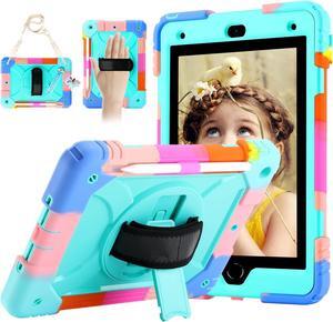 for iPad 9th/8th/7th Generation Case iPad 10.2 Case 2021/2020/2019 with Cute Key Chain Rugged Protective Case with 360Rotating Stand & Shoulder Hand Strap & Pen Slot for 10.2 Inch (Rainbow Aqua)