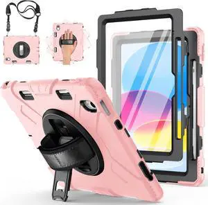 Case for iPad 10th Generation with Screen Protector Full-Body Drop Protection 360 Rotate Stand/Hand Strap Cover Compatible with iPad 10th Gen 10.9 Model A2696/A2757/A2777
