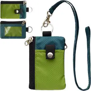 Minimalist RFID Blocking Small Wallet with ID Window WaterResistant Zip Id Case Wallet with Lanyard Keychain for Cards Cash Travel Women Men (GreenOnion+DarkGreen)