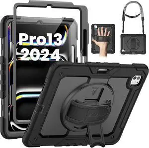 for iPad Pro 13 Inch Case 2024 M4 (7th Generation) Heavy Duty Shockproof Protective Case with Screen Protector 360 Rotating Stand Hand/Shoulder Strap and Pen Holder Black