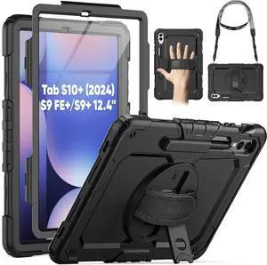 Case for  Galaxy Tab S10+ Plus 2024/ S9 FE+ Plus/ S9+ Plus 12.4 2023 Heavy Duty Shockproof Protective Case with Screen Protector Stand Hand/Shoulder Strap and Pen Holder Black