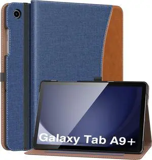 Case for  Galaxy Tab A9 Plus 11 2023 (SM-X210/SM-X216/SM-X218) PU Leather Multi-Angle Viewing Folding Stand Cover Case with Hand Strap Front Pocket Auto Wake/Sleep Denim Blue & Brown