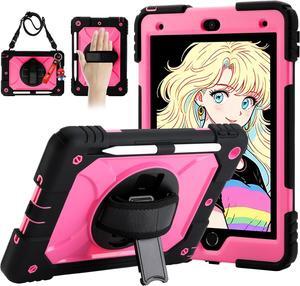 for iPad 9th/8th/7th Generation Case iPad 10.2 Case 2021/2020/2019 with Cute Key Chain Rugged Protective Case with 360Rotating Stand & Shoulder Hand Strap & Pen Slot for 10.2 Inch (Black+Rose)