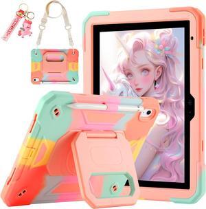 for iPad (A16) 11th Generation 11 Inch 2025/iPad 10th Generation Case 10.9 Inch 2022 with 360 Rotating Grip Magic Stand Pen Slot/Key Chain/Shoulder Strap Case for iPad 10th Gen (Colorful Pink)