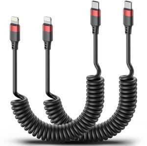 Lightning to USB C Cord Coiled 2 Pack USB Type C to Lightning Cable PD Fast Charging Retractable USBC to Lightning Cable for iPhone 14 13 12 11 Pro Max Mini 10 8 7 Plus XR XS SE AirPods Car