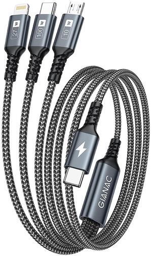 100W USB C Multi Charging Cable [1.2M] 3 in 1 Charging Cable with E-Mark Chip USB C [100W]+Lightning[27W]+Micro[10W] for iPad Pro iPad Mini MacBook Pro/Air/iPhone14 13 12 11