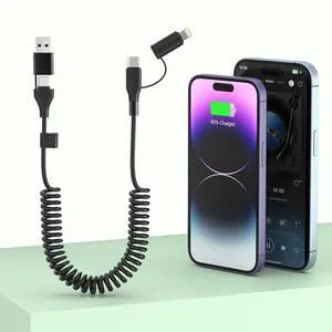 Multi Coiled 4-in-1 USBA/Type C to USB-C/Lightning Cable Combo for  Carplay& Android Auto Black 3A 60W Fast Charge & Data Sync Car Charger Cord for iPhone 15/14/13/12 Galaxy Android-MFi