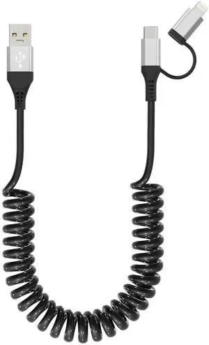 USB to USB-C and Lightning Cable 2 in 1 Coiled Cable Aple Carplay & Android Auto Compatible [MFi & 3A Fast Charge & Data Sync] Coiled Lightning and USB C Cable for iPhone 16/15/14/13/Android Silver