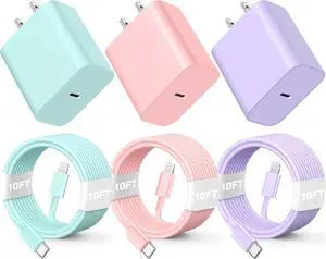 Compatible with iPhone Charger Fast Charging [3Pack 10FT] 20W PD USB C Wall Charger Block with Type C to Lighting Cable Compatible with iPhone 14/13/12 Pro Max/11/XS/XR/X/8/Plus