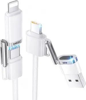 [ style Braided ] 4in 1 Charging Cable 5ft 60W Fast Charging & Data Transfer USB to Lightning/Type C Cable Multi Cords for iPhone/iPad//MacBook CarPlay & Android Auto Support White