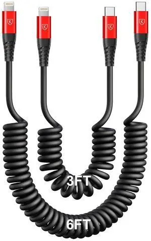 USB Type C to Lightning Cable [3FT/6FT] 2Pack Coiled iPhone Charger Cable Fast Charging for Car [ MFi Certified] Short USBC iPhone Cord Compatible with iPhone14/13/12/11/8/Plus/iPad/CarPlay-Red
