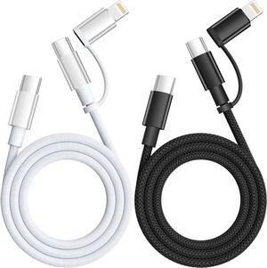 60W Max 2 in 1 USB C to USB C/Lightning Cable 2Pack 4FT Fast Charging Type C Cable Multi Charging Cable iPhone Charger Cord Compatible for iPhone 16/15/14/13  MacBook Pad and More