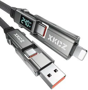4 in 1 USB C Cable with Wattage Display 240W Flat Nylon Braided Multi Charge Cable with Data Sync USB C Charging Cord Combo Type C/USB A/L Port for iPhone/iPad//Laptop 5FT