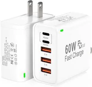 2Pack USB C Fast Charger Block 60W 5-Port USB C Wall Charger 30W Type C Charging Block 2USB C+3USB A PPS/PD 3.0 Multiport Charging Cube for iPhone 16 15 14 13 Pro Max for Galaxy S25 S24 Ultra i Pad