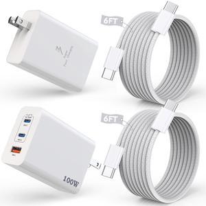 for MacBook Charger 2Pack 100W USB C  Charger 3Port PD&AC iPhone Charge Block Fast Charging Plug with 6FT Long USBC to USB C Woven Cable Cord for MacBook iPhone 16/16 Pro/16 ProMax/16 Plus iPad