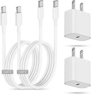 for iPhone Fast Charging Block with 10ft Cable for  Certified 2Pack Wall Charger Plug and USB C to Lightning Cord Long Type C Power Adapter Cube Brick for  iPhone 14 ProMax/13 Pro/12 Mini/11