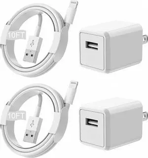 iPhone Charger Extra Long 2 Pack 10FT Lightning Cable Cube i Phone 12 Charger Charging Transfer Cord Cable with USB Plug Wall Charge Block Travel Adapter for iPhone 14/13/12/11/SE2022/8/7/XS/XR/X/iPad