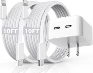 iPhone Fast Charger 40W Dual USB-C Quick Wall Charger 10FT Charging 2pack 10FT Extra Long Lightning Cable+Double Port Foldable USBC iPhone Charger Fast Charging for iPhone 14/13/12/11/XR/XS/SE/iPad