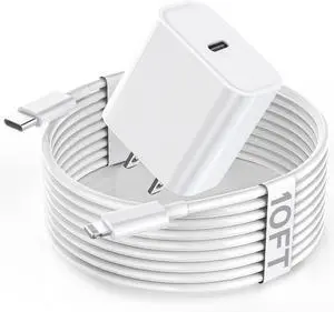 Fast Charger 10FT Extra Long Fast iPhone Charger Travel Plug Adapter 20W Super Quick  Charging USB C Wall Charger Block with 10Foot Lightning Cable Cord for iPhone 14/13/12/11/X/XR/SE/iPad