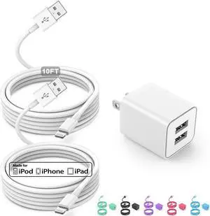 USB Wall Charger and Lightning Cable [ MFi Certified] iPhone Charger with iPhone Lightning Cord 2 Ports Charging Plug Block Box for iPhone 12/11/XR/X/Xs/Xr/8/7/6/6s Plus/SE/5c/iPad-10FT-White