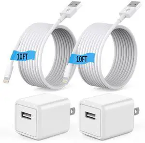 ( MFi Certified) iPhone charger 10ft 2Pack 10Foot Long Fast Charging Lightning Cord Cable 2Pack USB Wall Charger Travel Plug Adapter Box for iPhone 14/13/12 Mini/11 Pro Max/10/XS/XR/X/8/7/SE iPad