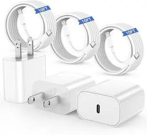 10ft iPhone Charger Fast Charging for iPhone 14 13 12 Fast Charger 20W USB C Wall Charger with Type C to Lightning Cord iPhone Fast Charging Cable for iPhone 13/14/12 Pro Max Plus/11 iPad-3PCS