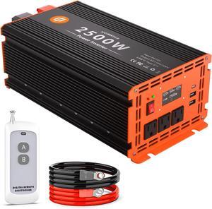 2500 Watt Power Inverter 12V DC to 110V/120V AC Converter Peak Power 5000W Car Inverter with LCD Display 3 AC Outlets 2 USB & Type-C Port for RV Truck Off-Grid Solar System with Remote Controller