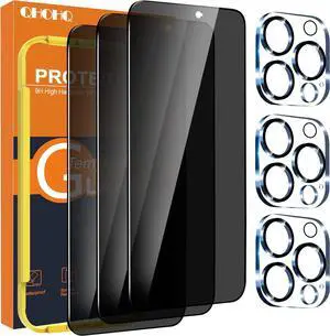 3 Pack Privacy Screen Protector for iPhone 15 Pro Max [6.7 Inch] with 3 Pack Camera Lens Protector Anti Spy Tempered Glass Film 9H Hardness HD Bubble Free Case Friendly - Black