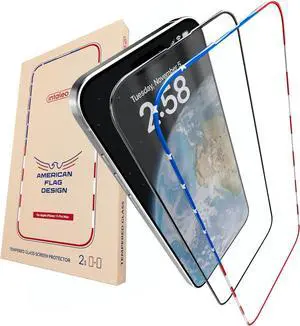Screen Protector for iPhone 15 Pro Max - 2 Pack (USA Flag & Black) - Tempered Glass for Iphone 15 Pro Max 9H Hardness - Easy Installation Oleophobic Coating