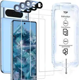 [3+3 Pack for Google Pixel 8 Screen Protector with Camera Lens Protector Finger Print Reader Compatible Fast & Easy Installation Clear 9H Tempered Glass Film Alignment Frame