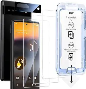 [3+3 Pack for Google Pixel 6A Screen Protector with Camera Lens Protector Finger Print Reader Compatible Fast & Easy Installation Clear 9H Tempered Glass Film Alignment Frame