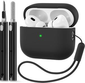 for  2nd Generation Case 2022/2023 with Cleaner Kit Soft Silicone Protective Case for  AirPod Pro 2 Gen Case Cover for Women Men  Case with Lanyard-Black