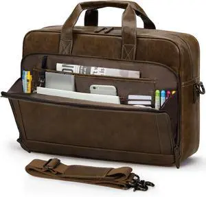 Mens Laptop Bag 16 Inch Leather Briefcase Vintage Messenger Bag for Men Large Crossbody Shoulder Office Computer Bag Retro College Satchel Bag for Work Business Travel Brown