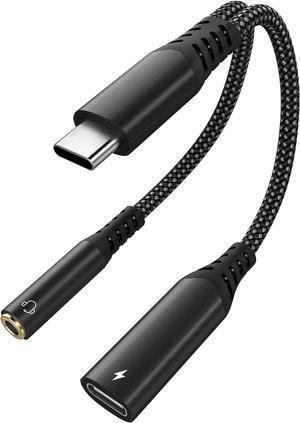 USB C to 3.5mm Headphone and Charger Adapter 2-in-1 USB C to Aux Jack Dongle Cable Cord with PD 60W Fast Charging for iPhone 16 Pro/15 Pro Max iPad Pro Galaxy S23/S22/S21/S20 Ultra Pixel (Black)