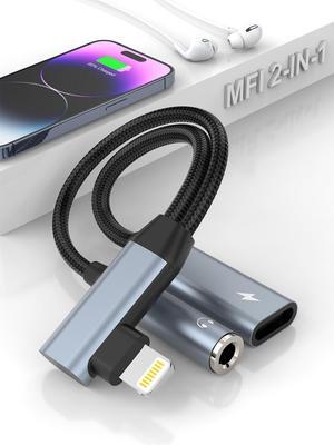 Upgraded Right Angle iPhone Headphone and Charger Adapter 2-in-1 Lightning to 3.5mm AUX Audio + Lightning Charger Splitter Dongle for iPhone 14/13/12/11 Pro Max/Pro/Plus/8/7/6 Plus- MFi Certified