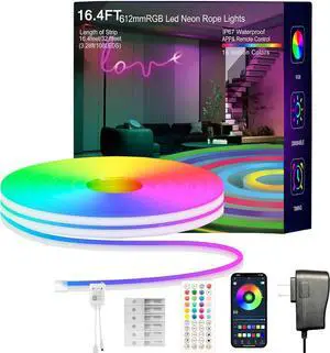 Neon Rope Lights 16.4FT RGB LED Strip Lights App Control IR Remote Outdoor IP67 Waterproof Music Syncing Flexible DIY Design for Bedroom Gaming Party Christmas Decor