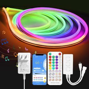 RGB Smart IC LED Neon Strip Light 16.4ft 5M Flexible Waterproof LED Neon Rope Light with APP Control Music Sync Color Changing Led Strip Light for Bedroom Living Room Game Room Decor