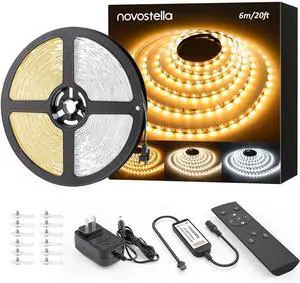20ft Tunable White LED Strip Light Kit Dimmable 3000K-6500K 24V Tape Light with RF Remote Flexible Rope LED Ribbon for Bedroom Home Lighting Mirror Kitchen Bar Cabinet Daylight Warm White