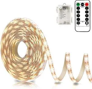 Battery Powered Led Strip Lights with Remote Warm White 8 Modes Dimmable Timer Self-Adhesive Cuttable Waterproof 9.8FT 90Led Strip Lights for TV Kitchen Cupboard Bedroom Decor