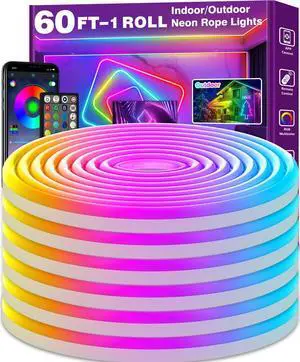 Led Neon Rope Lights 60FT Control with App/Remote Flexible Led Rope Lights Multiple Modes IP68 Outdoor RGB Neon Lights Waterproof Music Sync Gaming Led Strip Lights for Bedroom Indoor