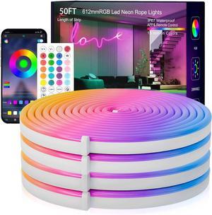 Neon Rope Lights 50FT RGB Led Strip Waterproof IP67 DIY Design Music Sync 44 Keys Remote Control Multiple Modes for Living Room Bedroom Holiday Decoration