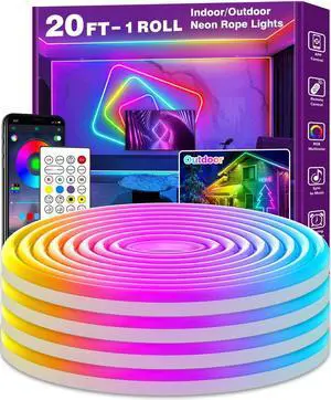 20Ft Neon Rope Lights Flexible Led Rope Lights Control with App/Remote Multiple Modes Rope Lights IP65 Outdoor RGB Led Neon Lights Music Sync Gaming Led Neons Light Strip for Bedroom Decor