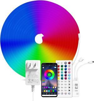 RGB LED Neon Strip Light 16.4ft/5M 12V Flexible Neon Rope Light with Adapter & 44-Key Remote Control Music Sync IP65 Waterproof Neon Light Strip for Bedroom Party Festival Decor