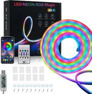 Neon Rope Light 16. 5ft LED neon rope light control RGB + IC outdoor waterproof with application/remote control flexible LED rope light DIY multiple modes for games room bedroom festivals