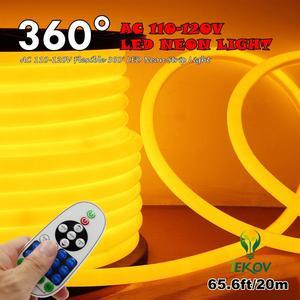 [Upgrade] 360° LED NEON Light AC 110-120V Flexible 360 Degree LED Neon Strip Light Dimmable & Waterproof NEON LED Rope Light+Remote Controller (65.6ft/20m Golden Yellow)