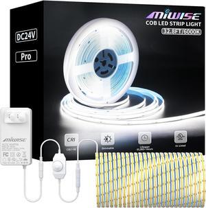 COB LED Strip Light 32.8ft/10m CRI 90+ Daylight White 6000K High Lumen Dimmable Super Bright Flexible DC24V LED Tape Light with Controller/Dimmer for Cabinet Home Office DIY Lighting Projects