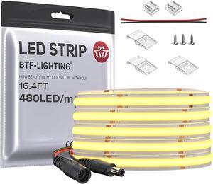 FCOB COB LED Strip Flexible High Density Uniform Light 9W/m 16.4FT DC12V Warm White 2700K CRI 90+ 8mm Width Dimmable LED Ribbon for Indoor Decoration(No Adapter or Controller)
