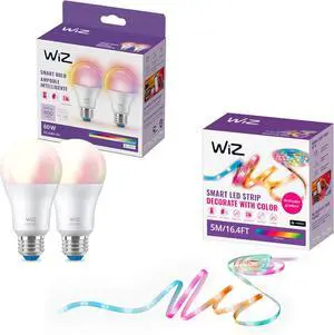 WiZ - Bundle - RGBIC LED Strip 5m Plus 2 60W A19 Color Bulbs - Control with Voice or App + Activate with Motion - Matter Compatible