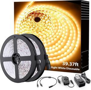 Warm White LED Strip Lighting 39.37ft 3000K Dimmable Led Tape Light 12m Bright 720 LEDs 2835 Flexible Ribbon Christmas Light 12V Adhesive Rope Lights for Kitchen Under Cabinet Bedroom